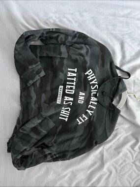 Black Camo Graphic Hoodie with Bold White Text